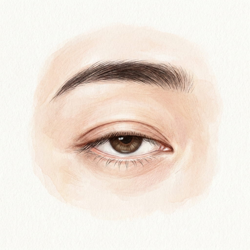 Step 1 — Illustration showing a sleepy-looking ptosis condition