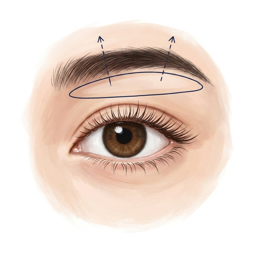Step 3 — Illustration of pulling up and smoothing the skin below the drooping eyebrow